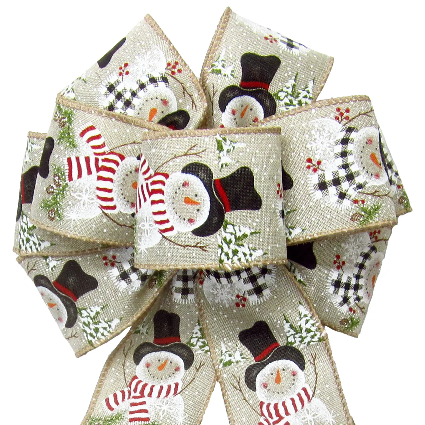 Wired Buffalo Candy Snowman Natural Linen Christmas Bow (2.5"ribbon~8"Wx16"L)