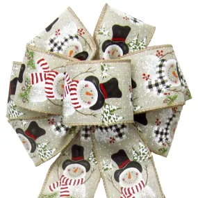 Wired Buffalo Candy Snowman Natural Linen Christmas Bow (2.5"ribbon~8"Wx16"L)
