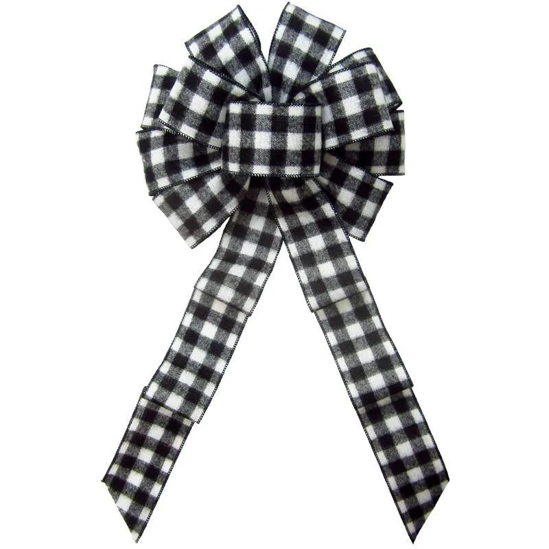 Wired Buffalo Plaid Black & White Flannel Bow (2.5"ribbon~10"Wx20"L)