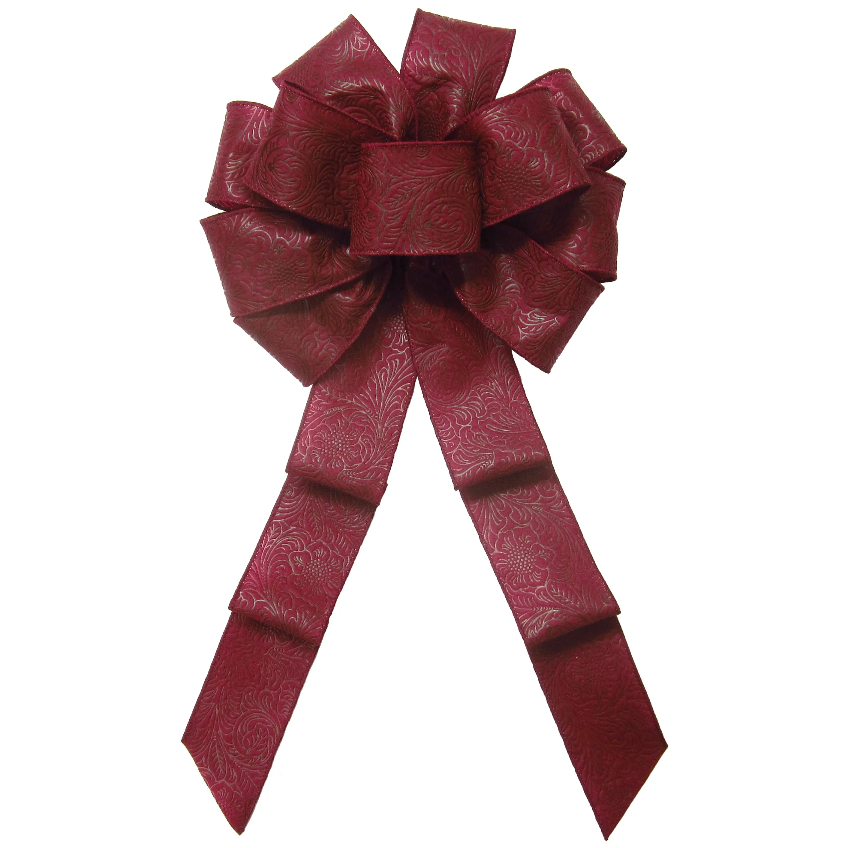 Wired Burgundy Floral Embossed Outdoor Wreath Bow (2.5"ribbon~10"Wx20"L)