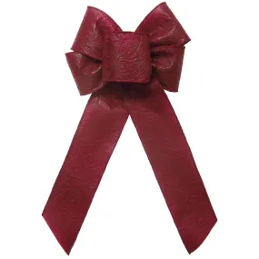 Wired Burgundy Floral Embossed Outdoor Wreath Bow (2.5"ribbon~6"Wx10"L)