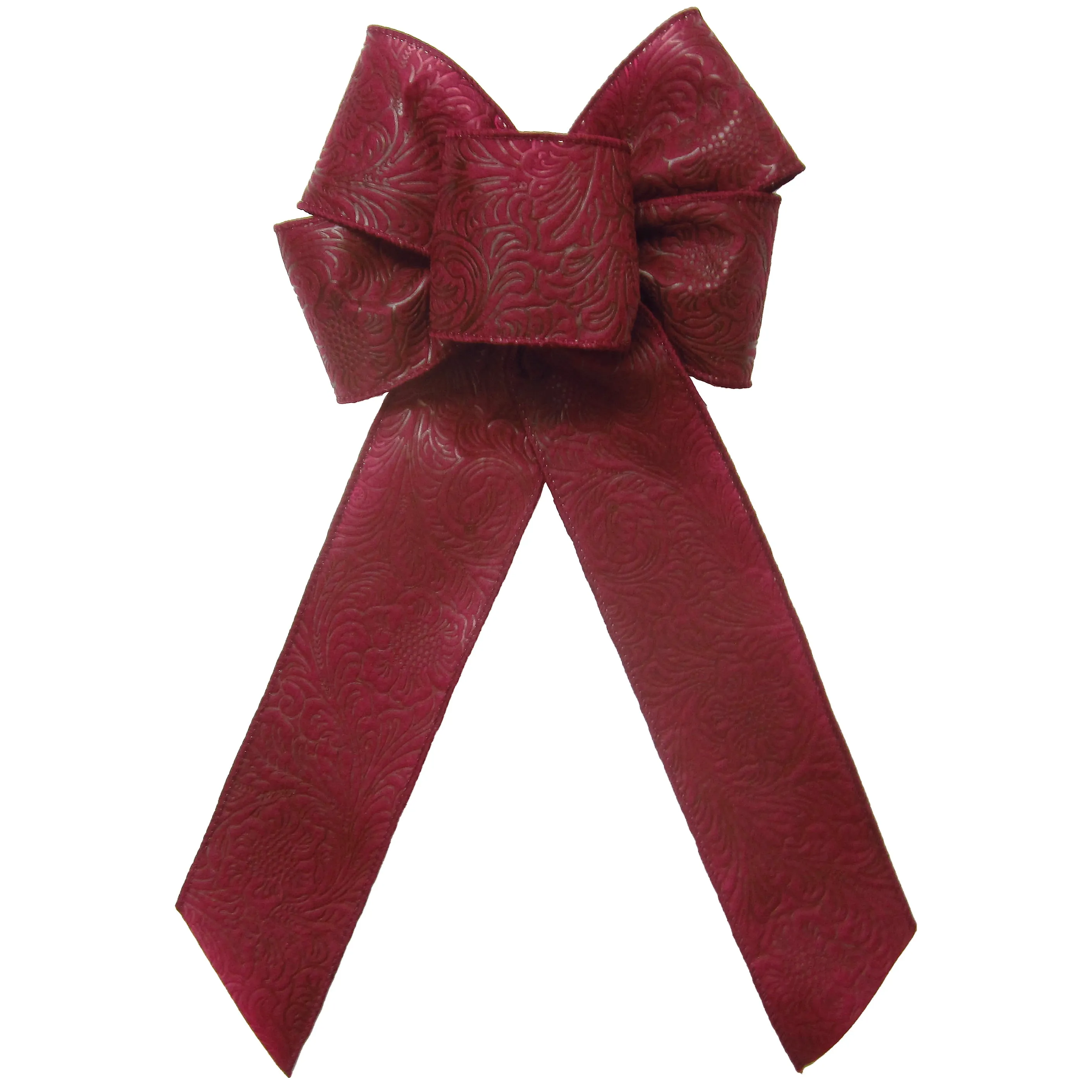Wired Burgundy Floral Embossed Outdoor Wreath Bow (2.5"ribbon~6"Wx10"L)