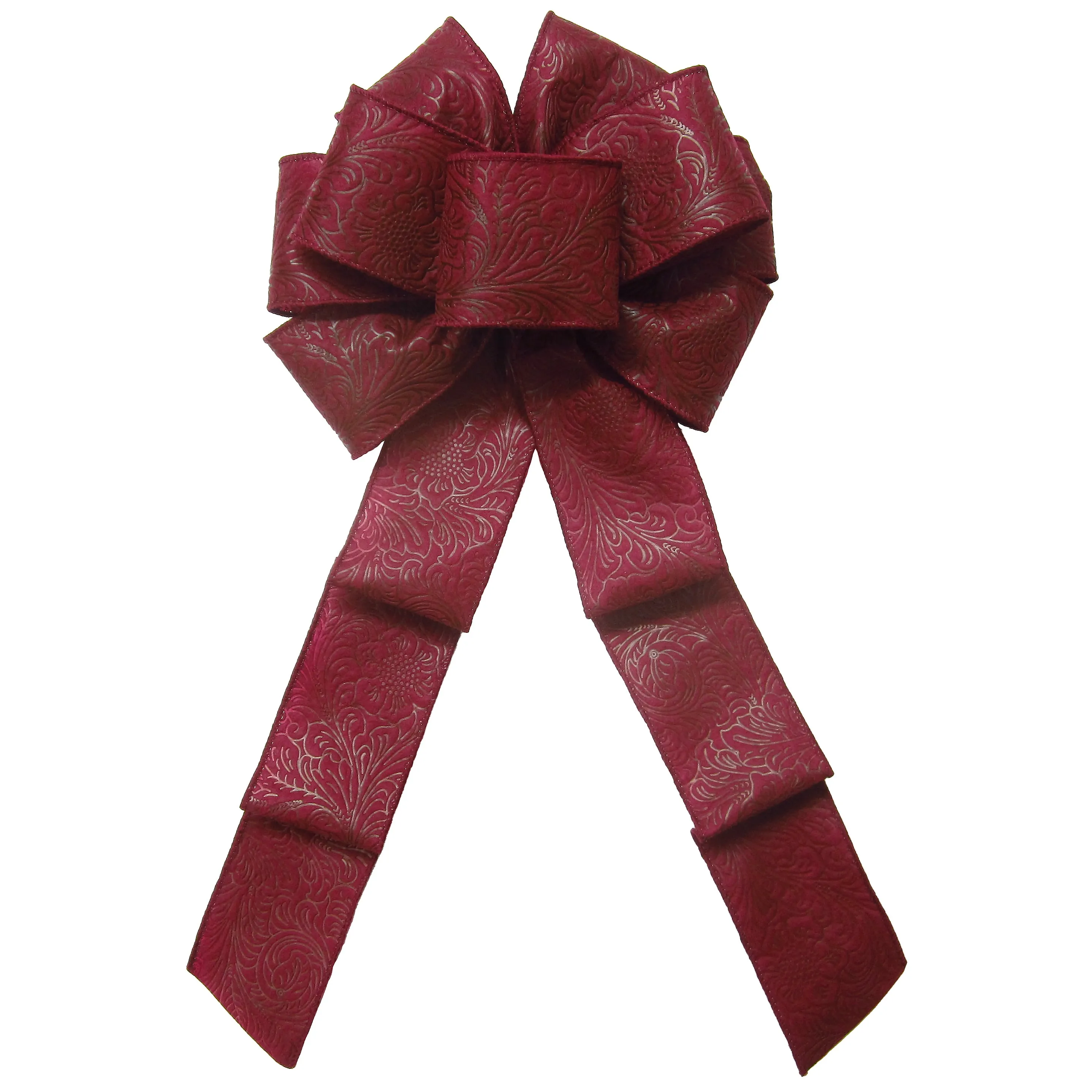 Wired Burgundy Floral Embossed Outdoor Wreath Bow (2.5"ribbon~8"Wx16"L)