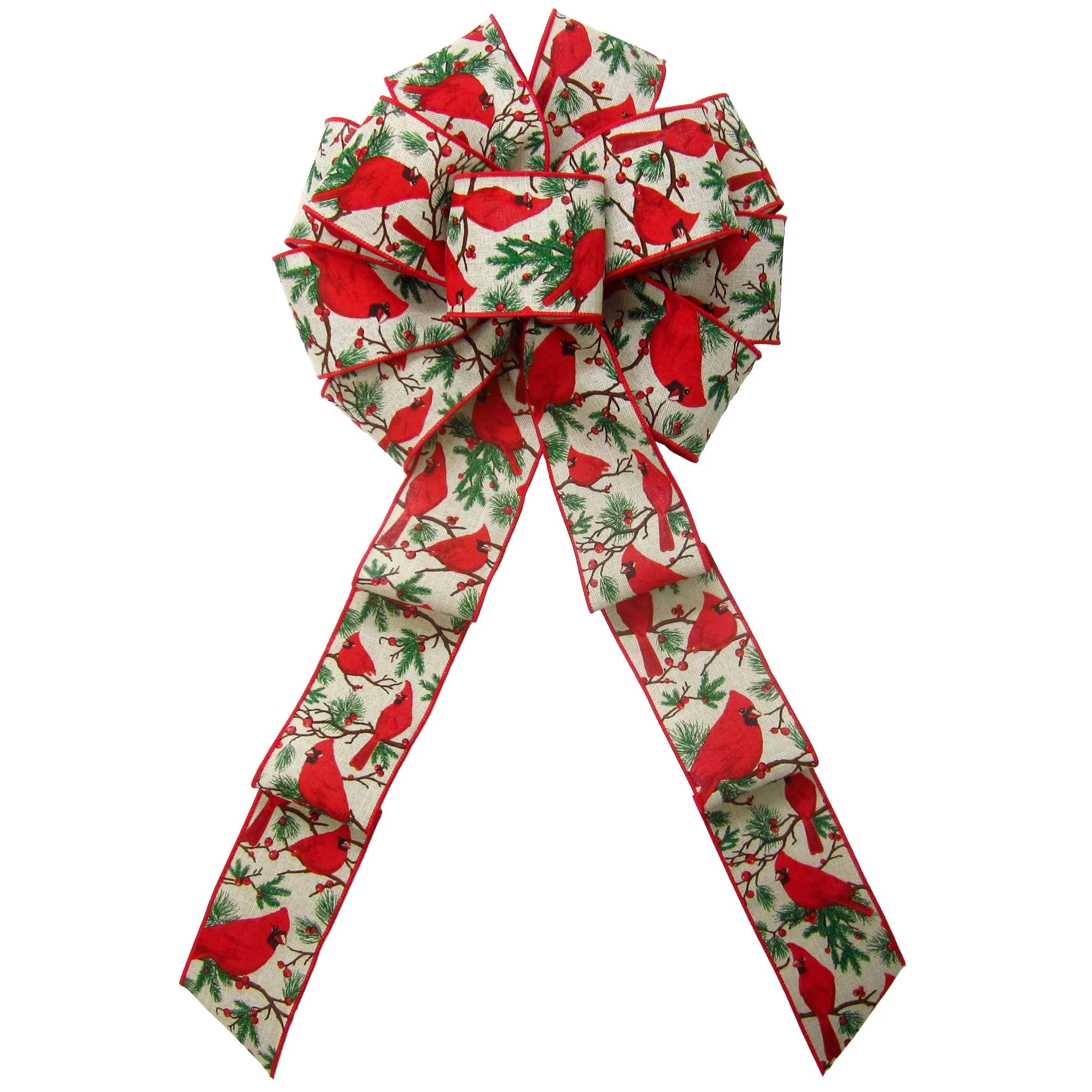 Wired Cardinals & Berries Natural Bow (2.5"ribbon~10"Wx20"L)