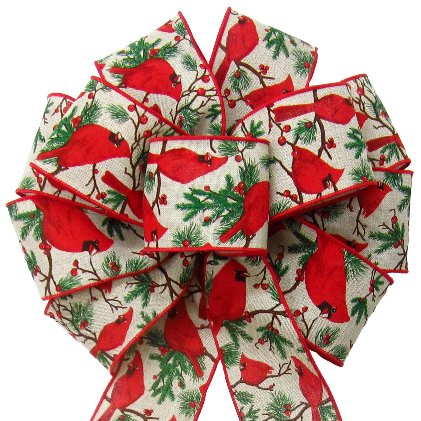 Wired Cardinals & Berries Natural Bow (2.5"ribbon~10"Wx20"L)