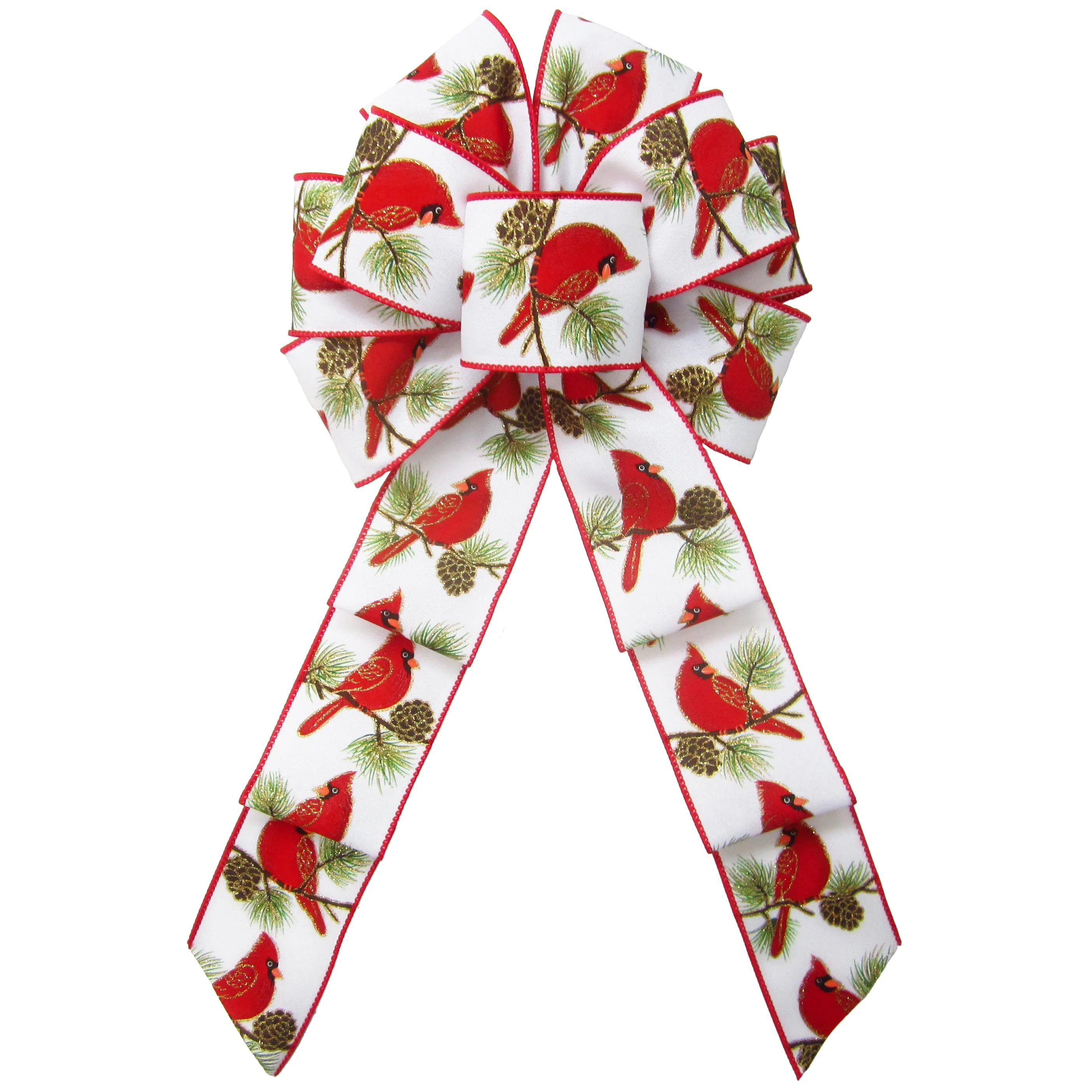 Wired Cardinals & Pine Cones White Linen Bow (2.5"ribbon~8"Wx16"L)