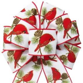 Wired Cardinals & Pine Cones White Linen Bow (2.5"ribbon~8"Wx16"L)