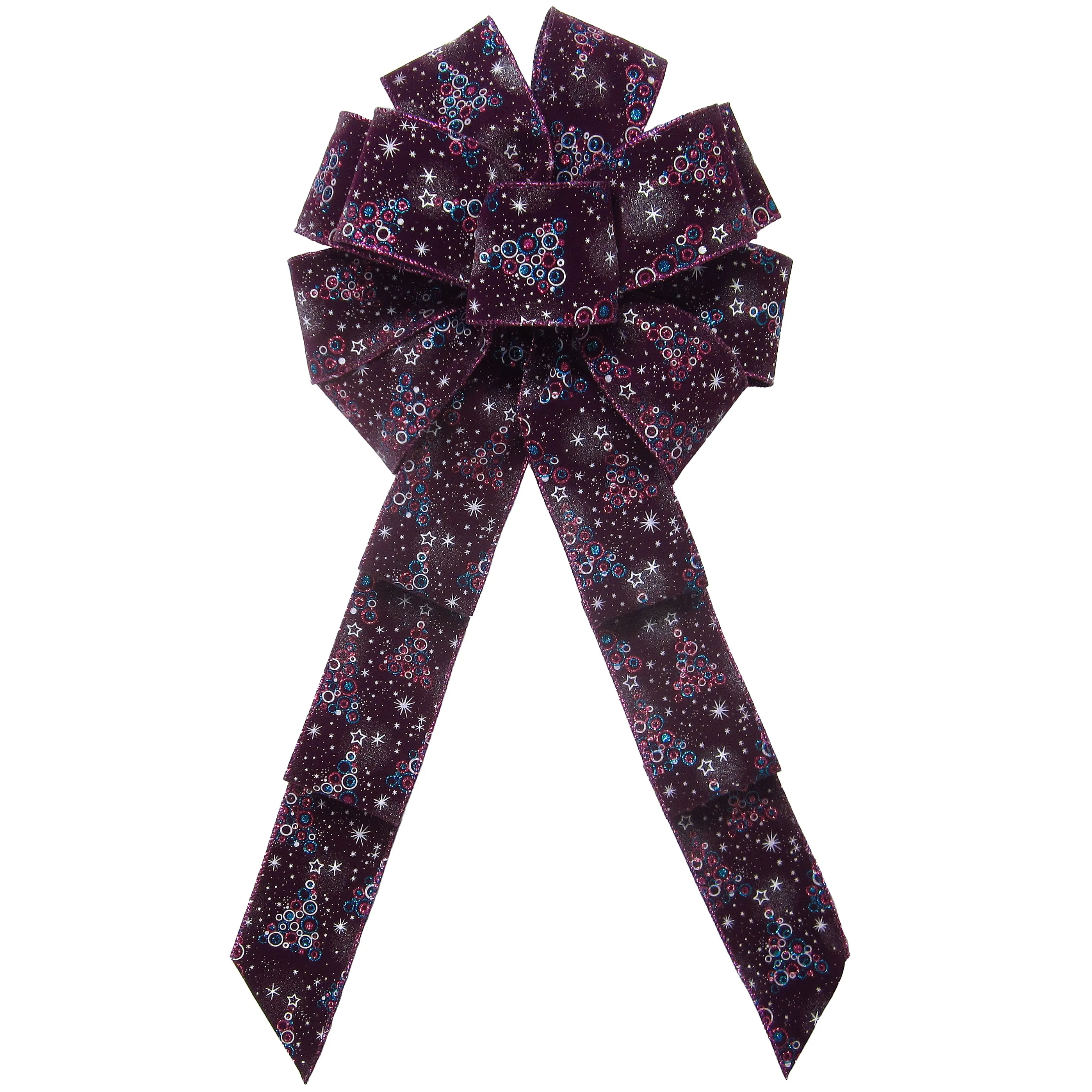 Wired Enchanted Stars & Christmas Trees Purple Velvet Bow (2.5"ribbon~10"Wx20"L)