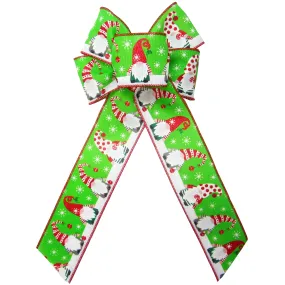 Wired Festive Christmas Gnomes on Green Linen Bow (2.5"ribbon~6"Wx10"L)