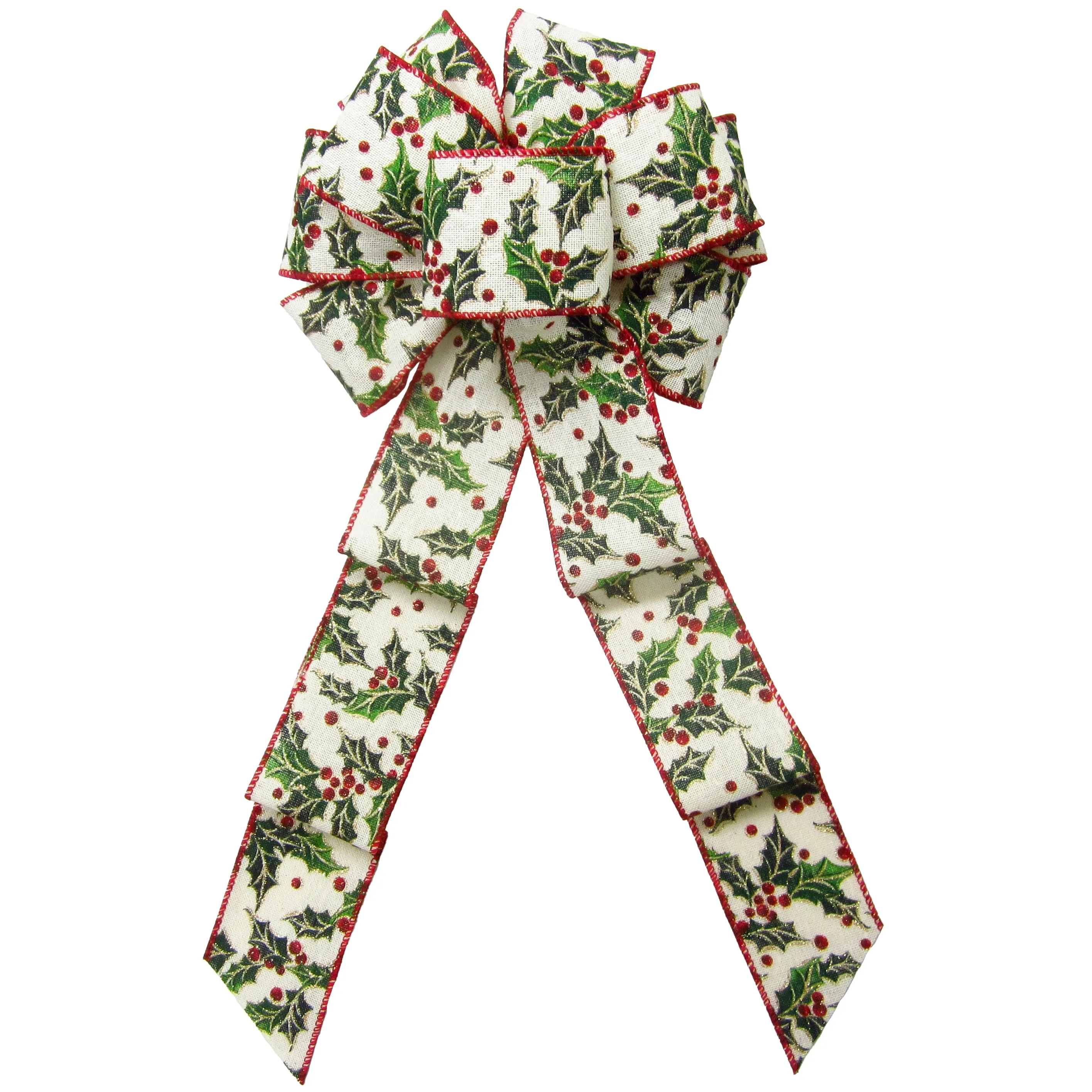 Wired Holly Berries on Ivory Canvas Bow (2.5"ribbon~8"Wx16"L)