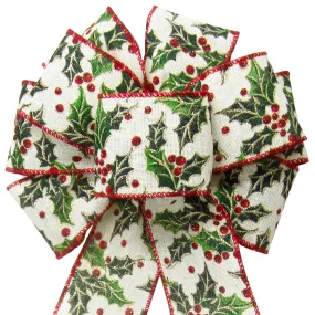 Wired Holly Berries on Ivory Canvas Bow (2.5"ribbon~8"Wx16"L)