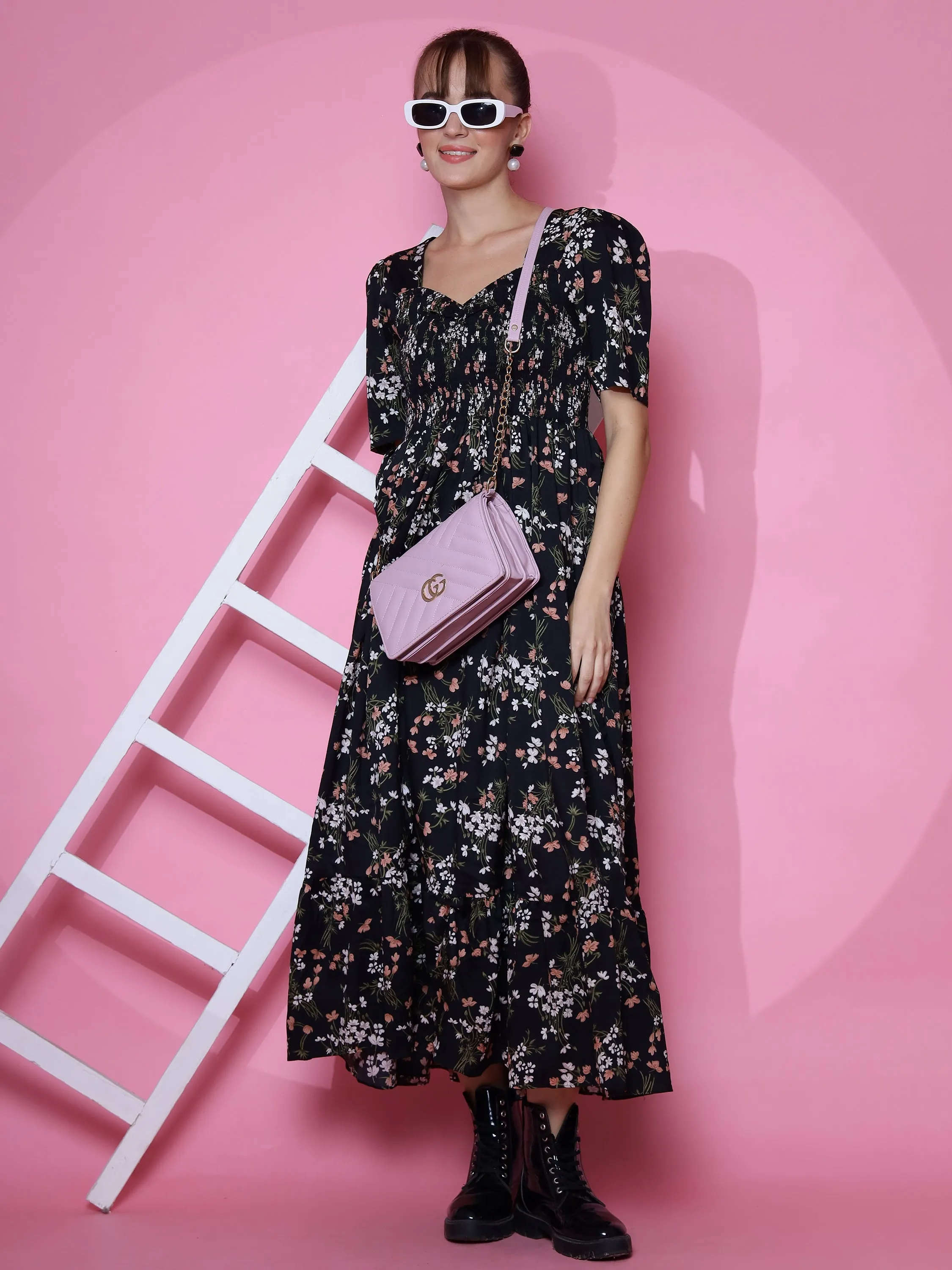 Women Black Smoked Sweetheart Neck Fit and Flare Midi Dress