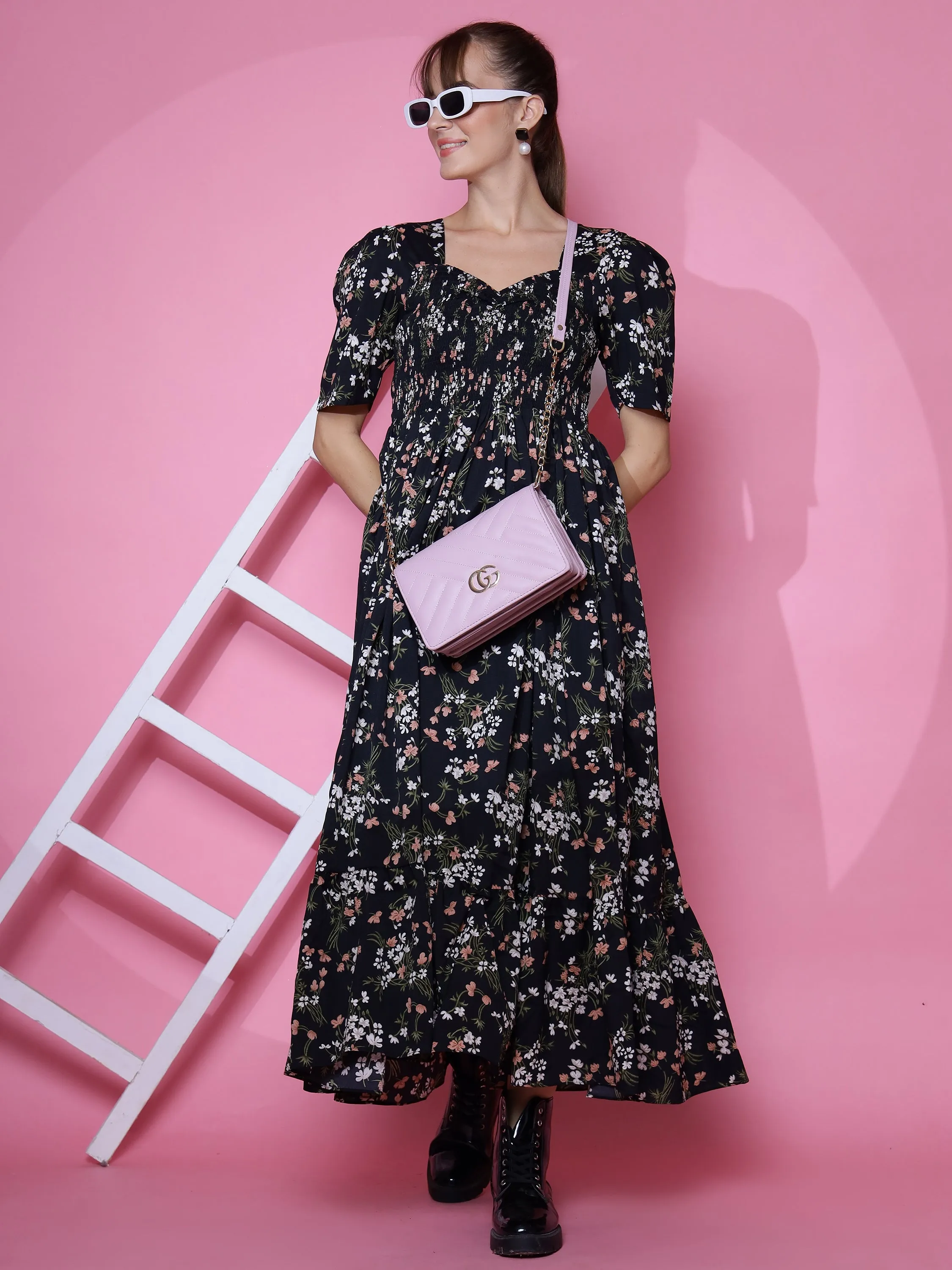 Women Black Smoked Sweetheart Neck Fit and Flare Midi Dress