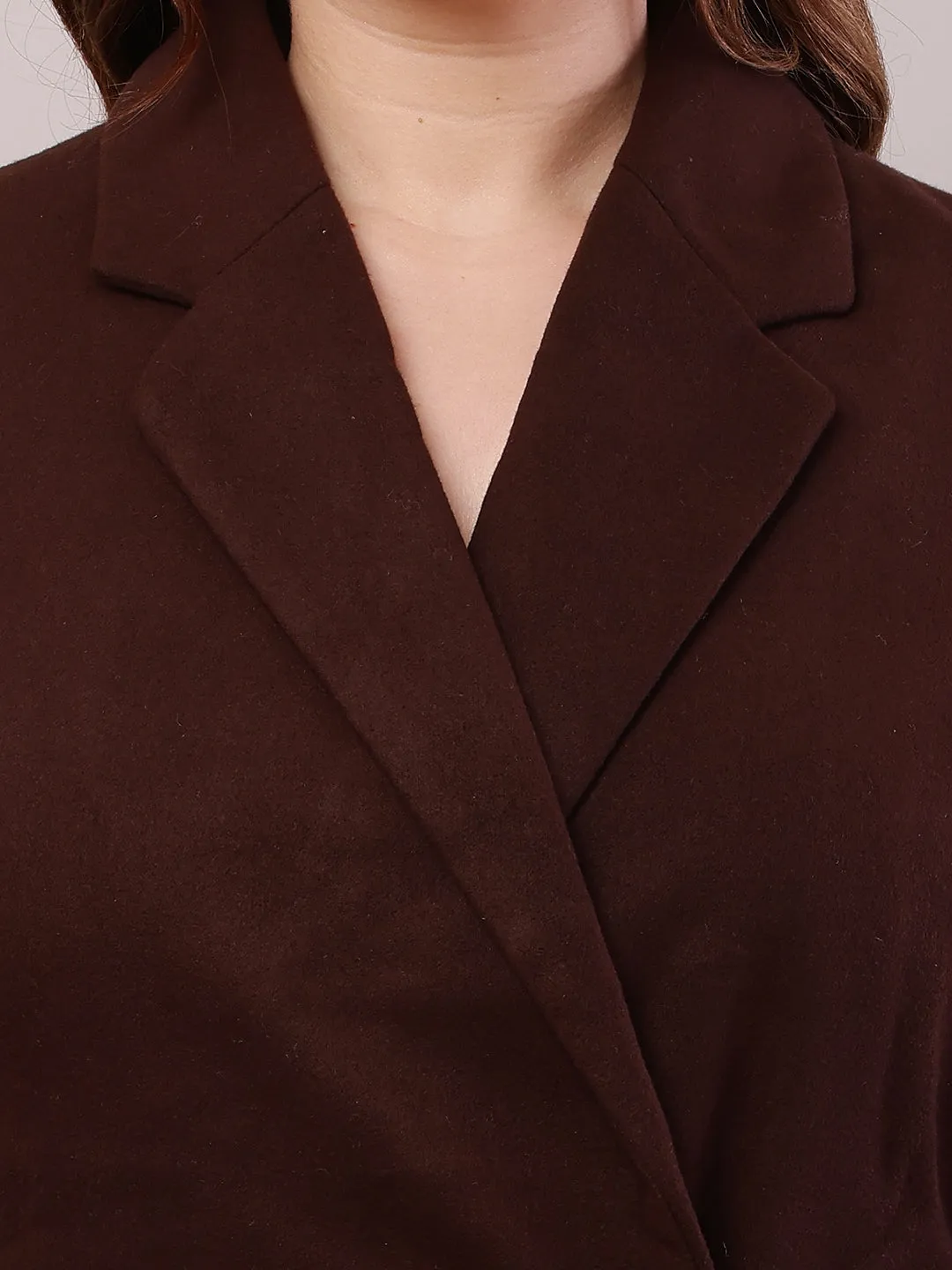 Women Brown Polyester Lapel Collar Trench Coat