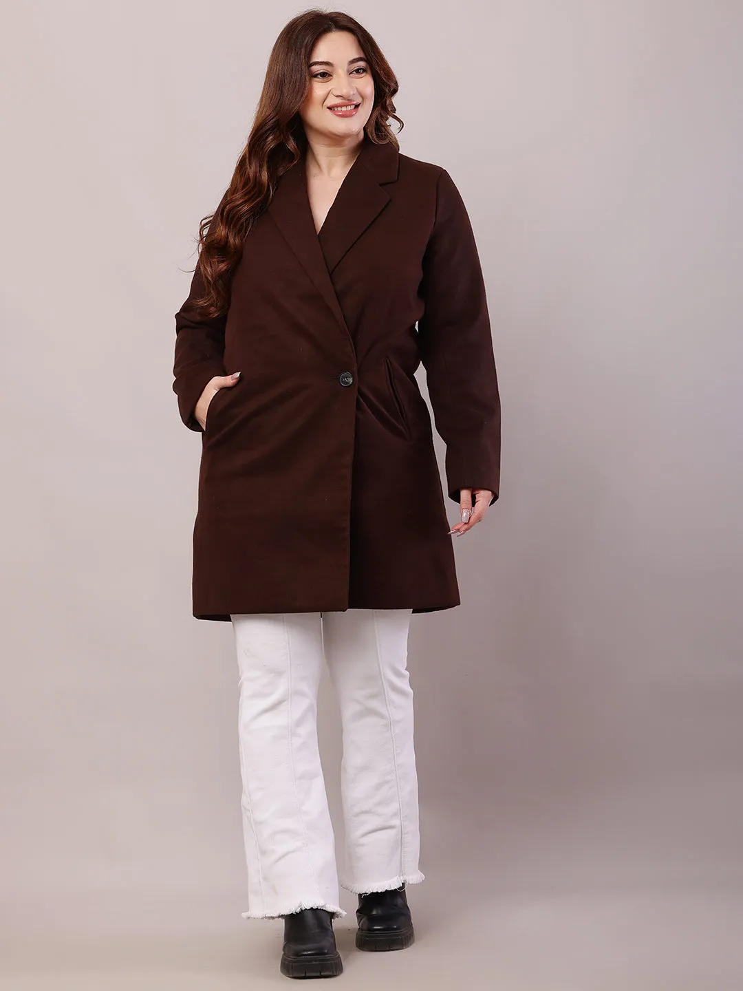 Women Brown Polyester Lapel Collar Trench Coat