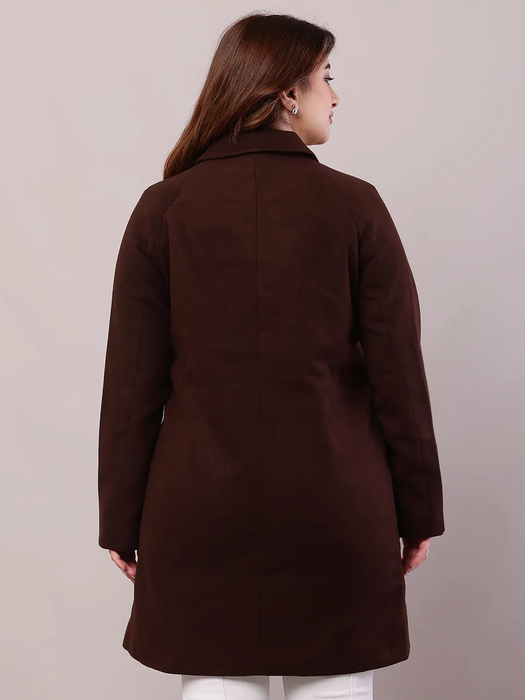 Women Brown Polyester Lapel Collar Trench Coat