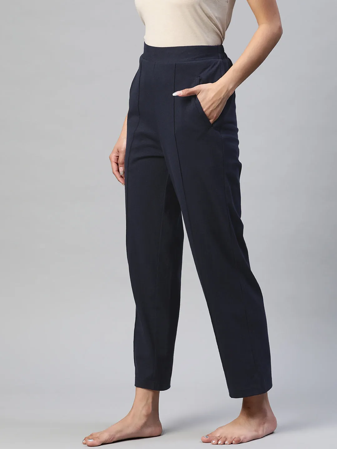 Women Navy Blue Solid Track Pants