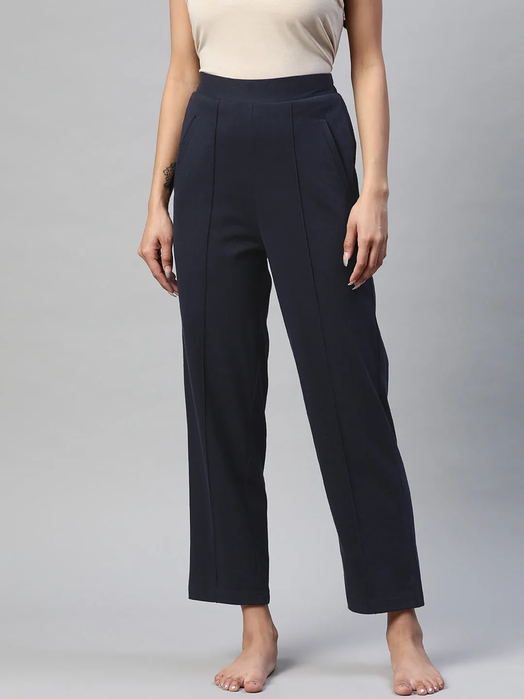 Women Navy Blue Solid Track Pants