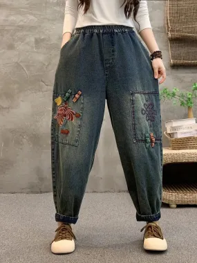Women Summer Retro Flower Embroidery Denim Harem Pants IO1021