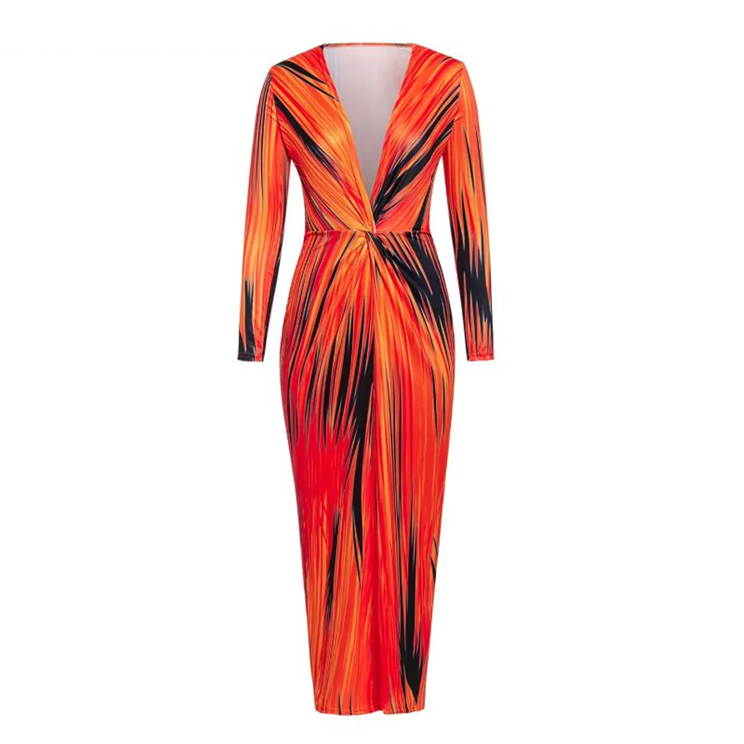 Women's Autumn Deep V-Neck Printed Long Sleeve Bodycon Dress