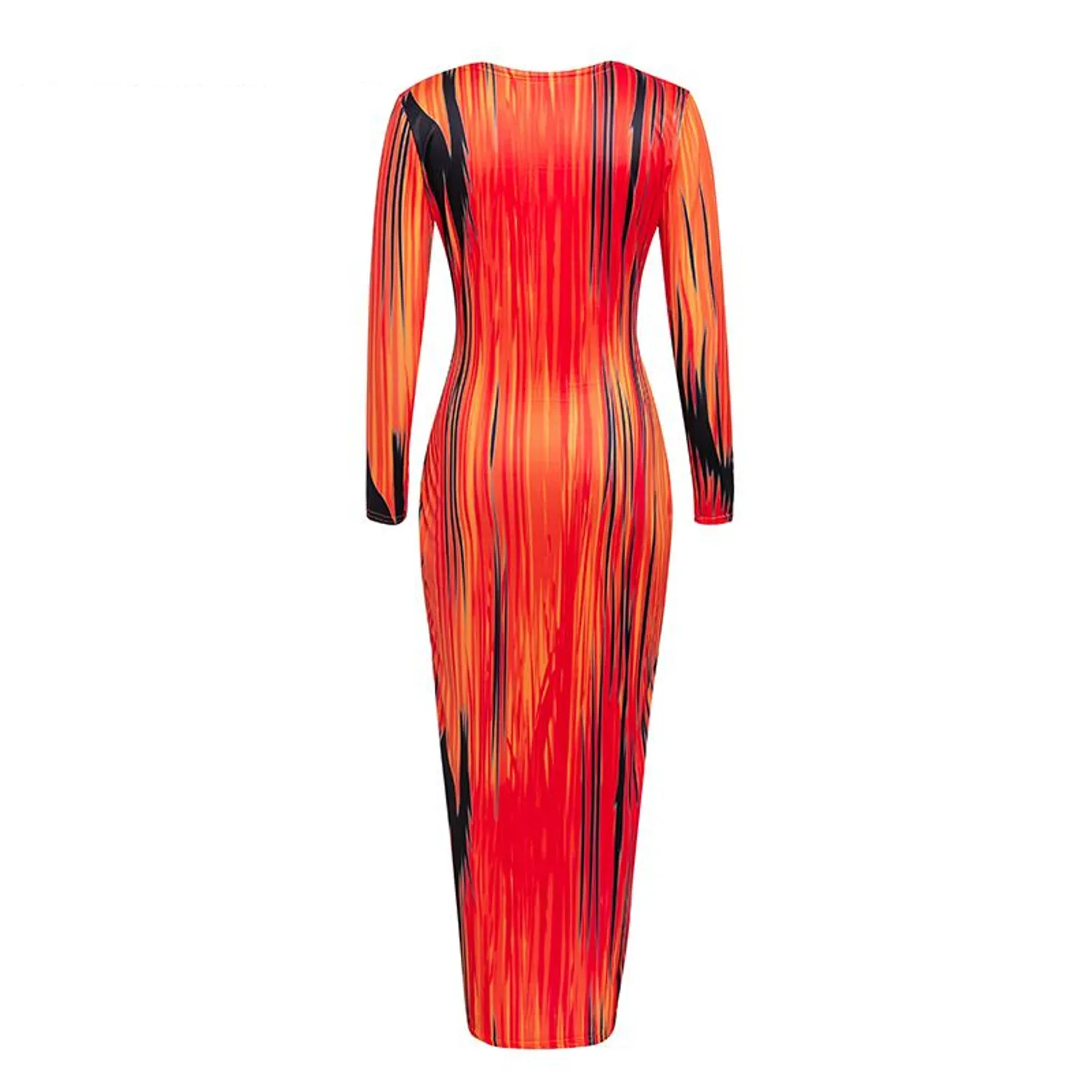 Women's Autumn Deep V-Neck Printed Long Sleeve Bodycon Dress