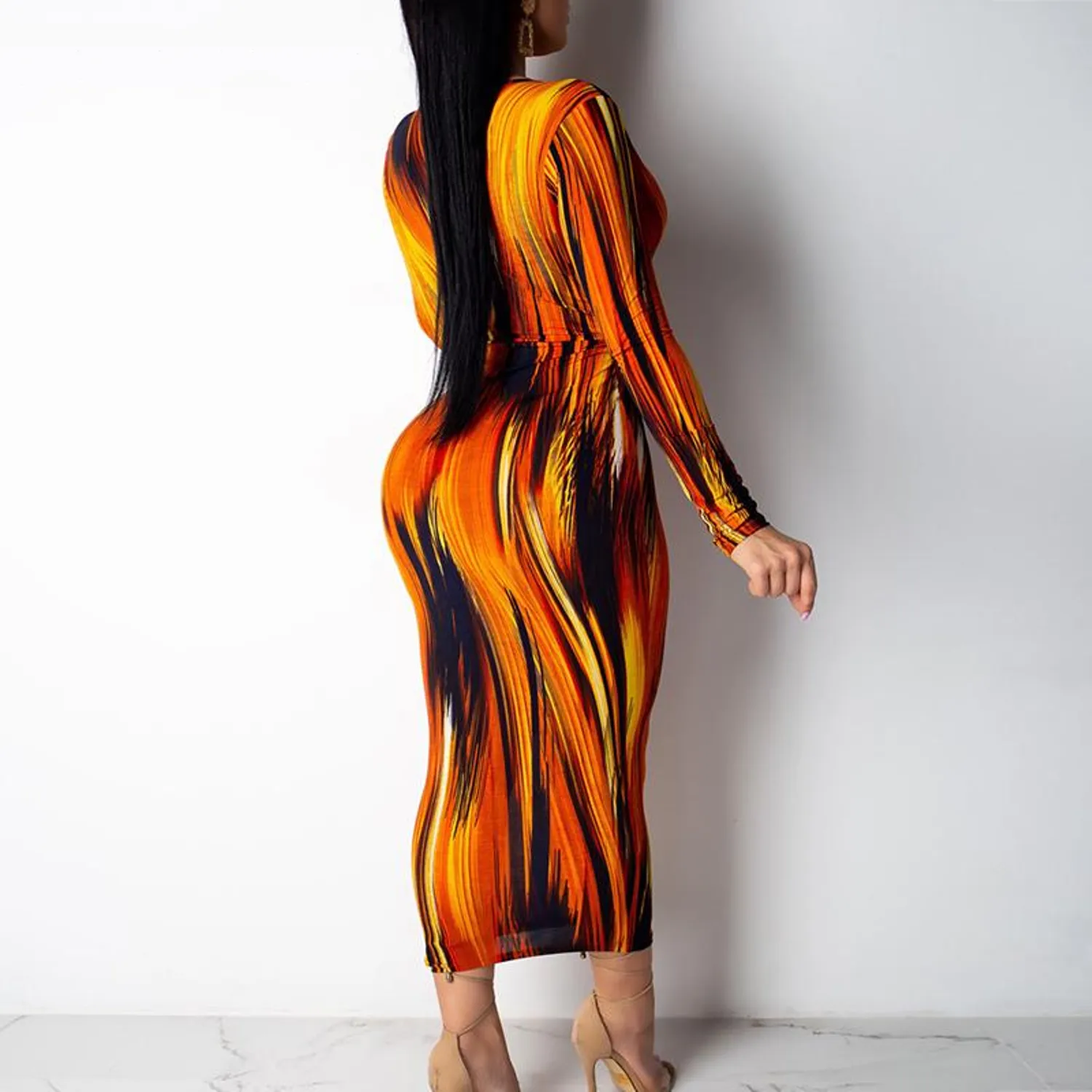 Women's Autumn Deep V-Neck Printed Long Sleeve Bodycon Dress