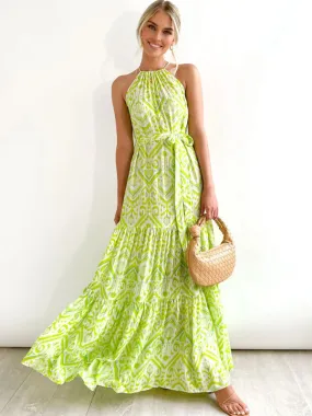 Women's Geometric Print Halter Neck Sleeveless Boho Maxi Dress S-XL