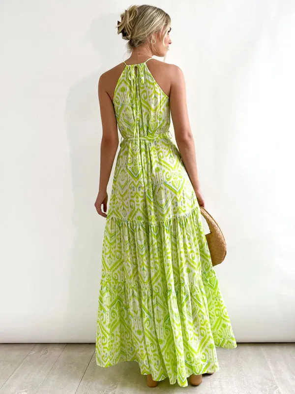 Women's Geometric Print Halter Neck Sleeveless Boho Maxi Dress S-XL