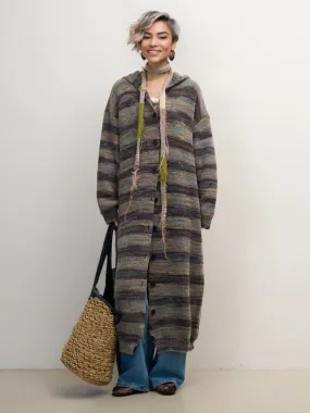 Women's Super Long Boho Hoody Stripe Sweater Cardigan for Cold Weather on the Beach